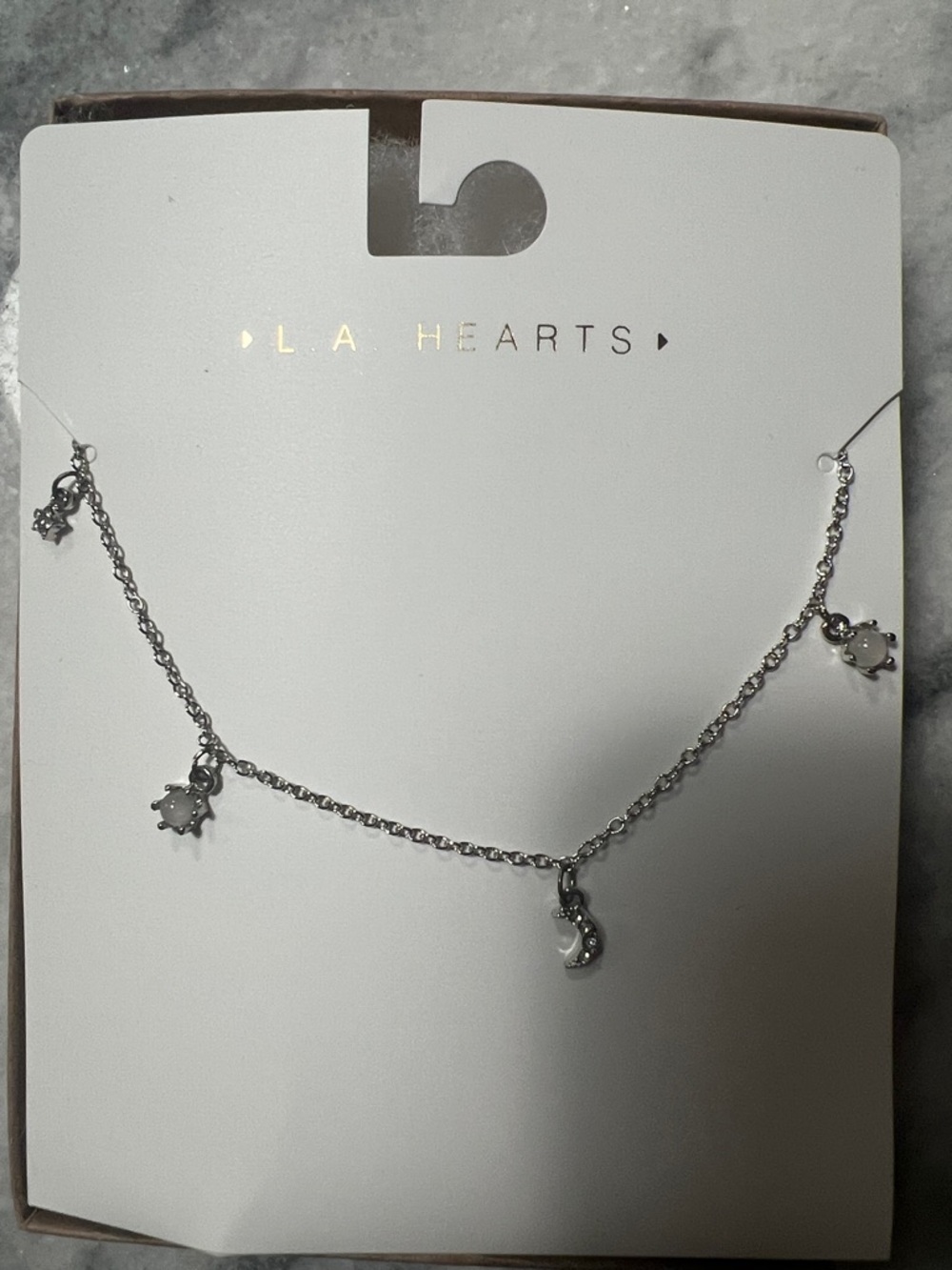 La Hearts Silver Charm Necklace with stone and moon Accents